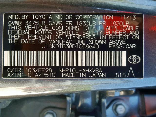 JTDKDTB38D1058640 - 2013 TOYOTA PRIUS C GRAY photo 10