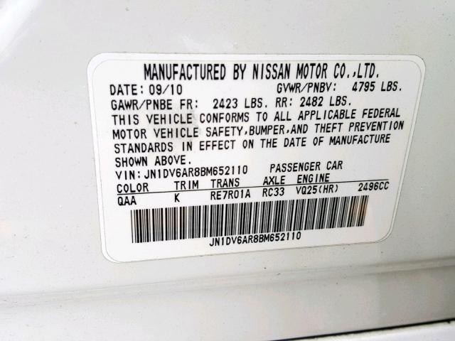 JN1DV6AR8BM652110 - 2011 INFINITI G25 WHITE photo 10