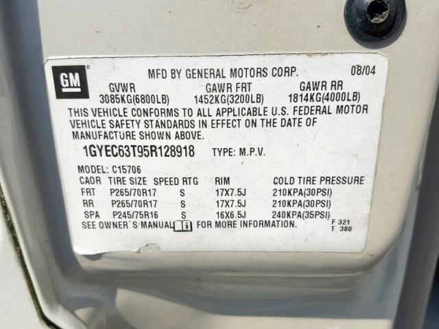 1GYEC63T95R128918 - 2005 CADILLAC ESCALADE L CREAM photo 10