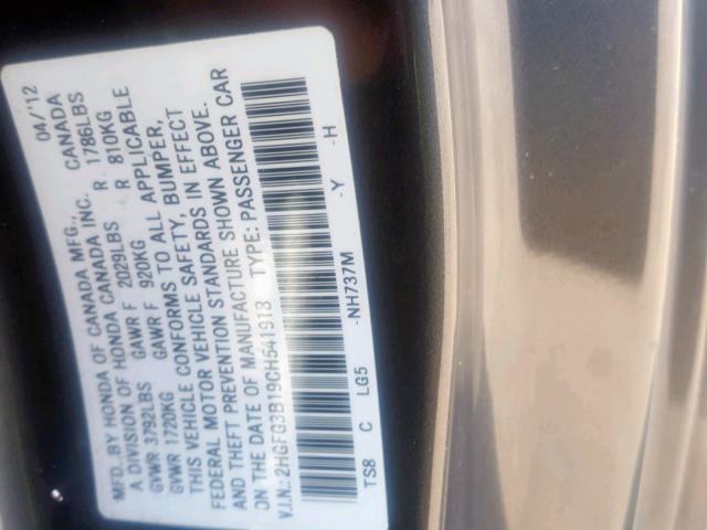 2HGFG3B19CH541918 - 2012 HONDA CIVIC EXL GRAY photo 10