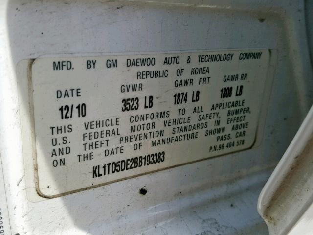 KL1TD5DE2BB193383 - 2011 CHEVROLET AVEO LS WHITE photo 10