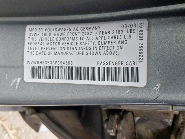 WVWRH63B33P394508 - 2003 VOLKSWAGEN PASSAT GLX 银色 照片 10