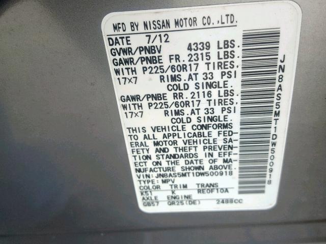 JN8AS5MT1DW500918 - 2013 NISSAN ROGUE S GRAY photo 10