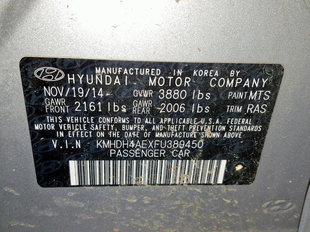 KMHDH4AEXFU389450 - 2015 HYUNDAI ELANTRA SE SILVER photo 10