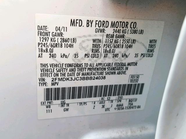 2FMDK3JC3BBB24038 - 2011 FORD EDGE SEL WHITE photo 10