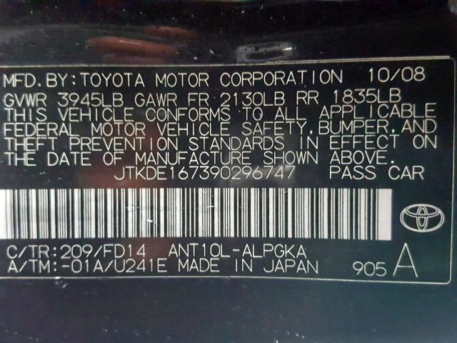 JTKDE167390296747 - 2009 TOYOTA SCION TC შავი ფოტო 10