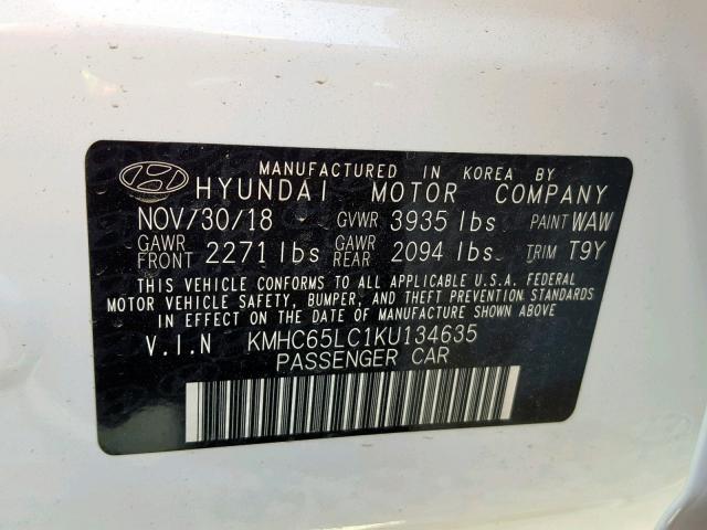 KMHC65LC1KU134635 - 2019 HYUNDAI IONIQ BLUE WHITE photo 10