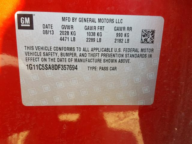 1G11C5SA8DF357694 - 2013 CHEVROLET MALIBU 1LT 红色 照片 10