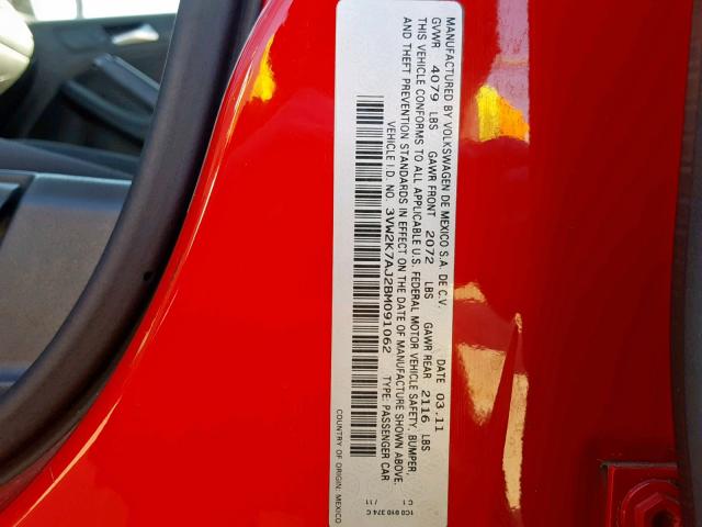 3VW2K7AJ2BM091062 - 2011 VOLKSWAGEN JETTA BASE RED photo 10