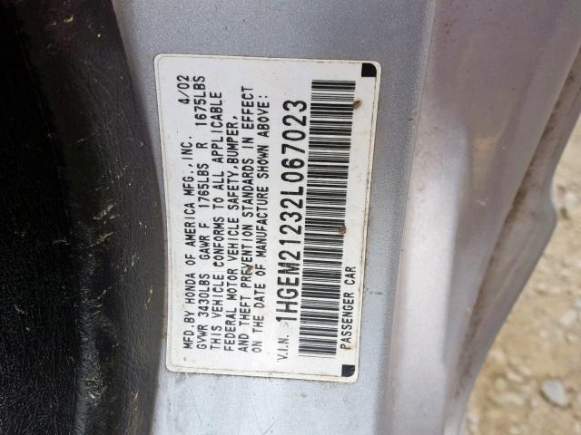 1HGEM21232L067023 - 2002 HONDA CIVIC DX SILVER photo 10