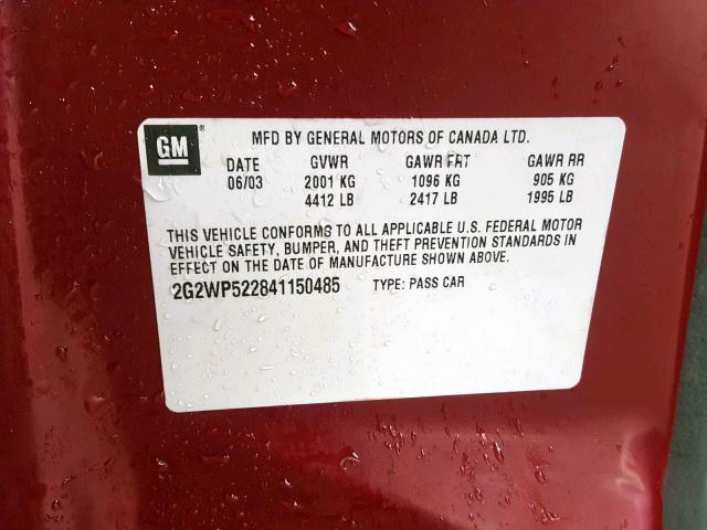 2G2WP522841150485 - 2004 PONTIAC GRAND PRIX MAROON photo 10