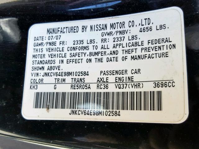 JNKCV64E98M102584 - 2008 INFINITI G37 BASE BLACK photo 10