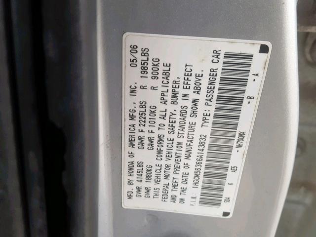 1HGCM56366A143832 - 2006 HONDA ACCORD SE SILVER photo 10