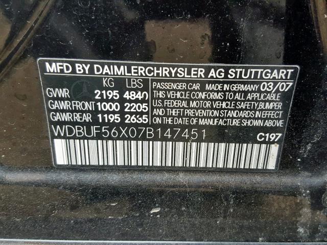 WDBUF56X07B147451 - 2007 MERCEDES-BENZ E 350 BLACK photo 10