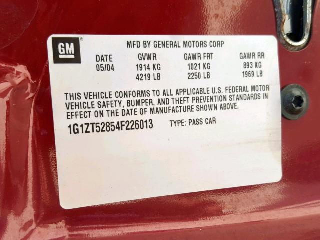 1G1ZT52854F226013 - 2004 CHEVROLET MALIBU LS BURGUNDY photo 10