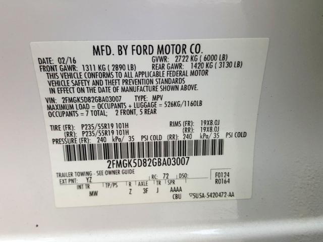 2FMGK5D82GBA03007 - 2016 FORD FLEX LIMITED  photo 10