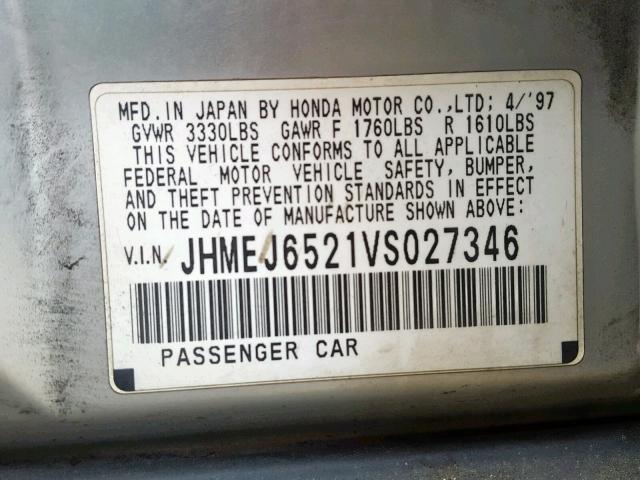 JHMEJ6521VS027346 - 1997 HONDA CIVIC DX SILVER photo 10