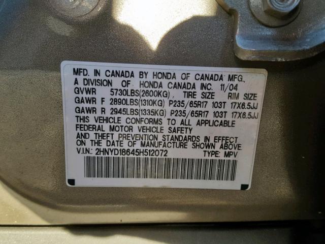 2HNYD18645H512072 - 2005 ACURA MDX TOURIN TAN photo 10