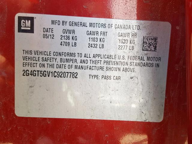 2G4GT5GV1C9207782 - 2012 BUICK REGAL PREM RED photo 10