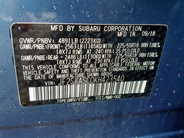 JF2SKASC0KH423540 - 2019 SUBARU FORESTER L BLUE photo 10