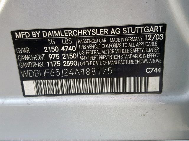 WDBUF65J24A488175 - 2004 MERCEDES-BENZ E 320 SILVER photo 10