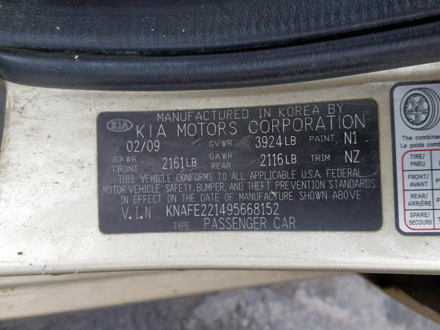 KNAFE221495668152 - 2009 KIA SPECTRA EX BEIGE photo 10