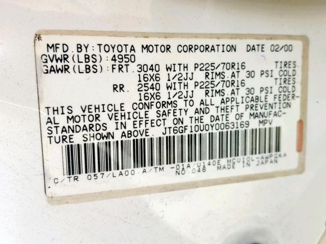 JT6GF10U0Y0063169 - 2000 LEXUS RX 300 WHITE photo 10