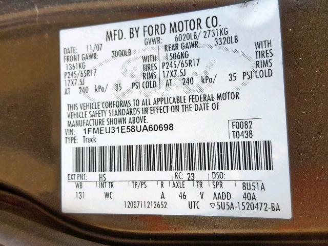 1FMEU31E58UA60698 - 2008 FORD EXPLORER S GREEN photo 10