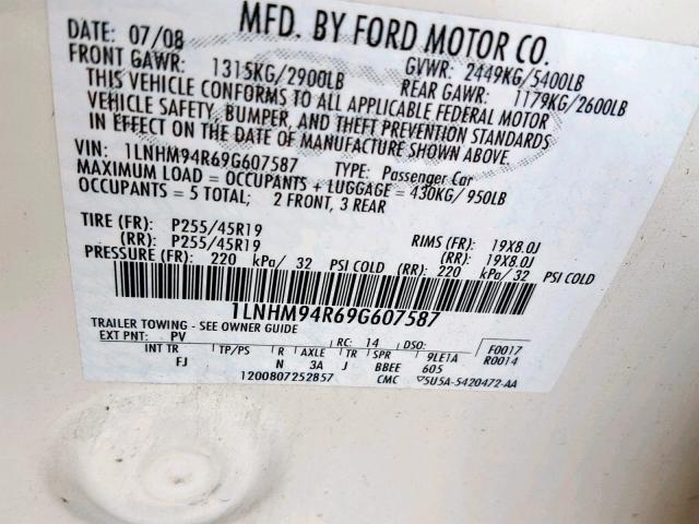 1LNHM94R69G607587 - 2009 LINCOLN MKS WHITE photo 10