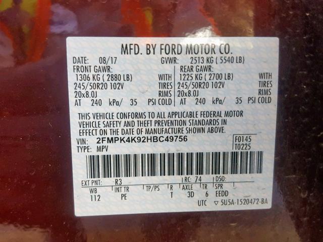 2FMPK4K92HBC49756 - 2017 FORD EDGE TITAN BURGUNDY photo 10