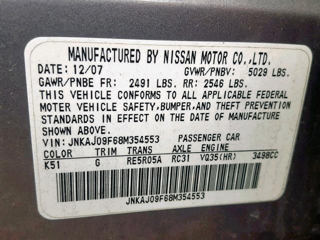 JNKAJ09F68M354553 - 2008 INFINITI EX35 BASE CHARCOAL photo 10