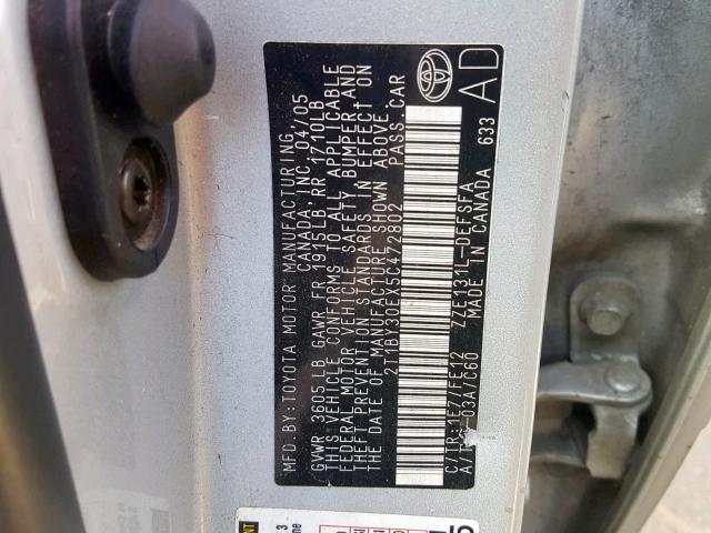 2T1BY30EX5C472802 - 2005 TOYOTA COROLLA XR 银色 照片 10