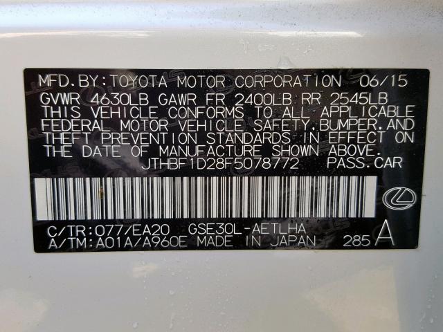 JTHBF1D28F5078772 - 2015 LEXUS IS 250 WHITE photo 10