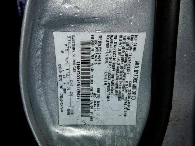 1FAHP55224G190859 - 2004 FORD TAURUS SES SILVER photo 10