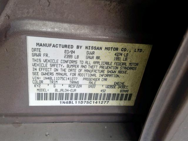 1N4BL11D75C141277 - 2005 NISSAN ALTIMA SE BEIGE photo 10