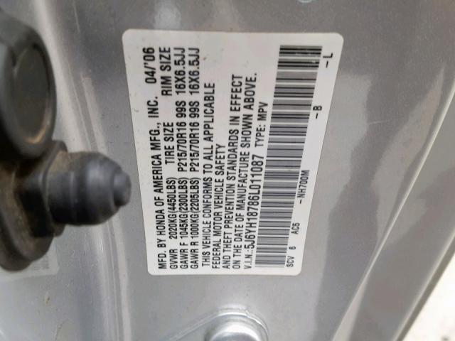 5J6YH18786L011087 - 2006 HONDA ELEMENT EX SILVER photo 10