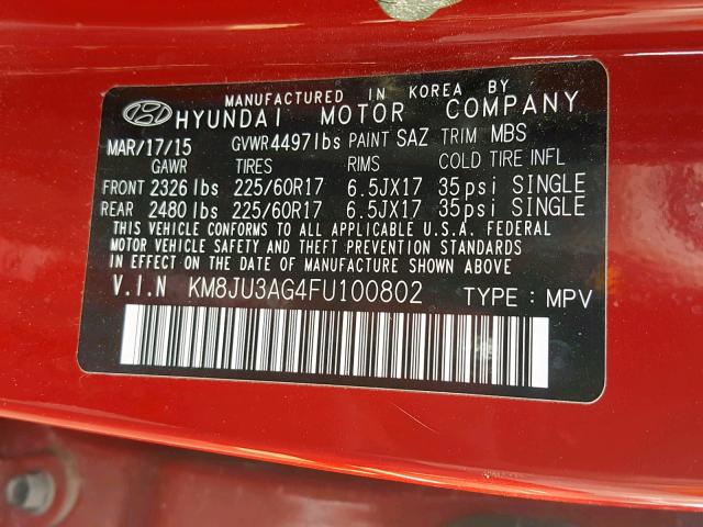 KM8JU3AG4FU100802 - 2015 HYUNDAI TUCSON LIM RED photo 10