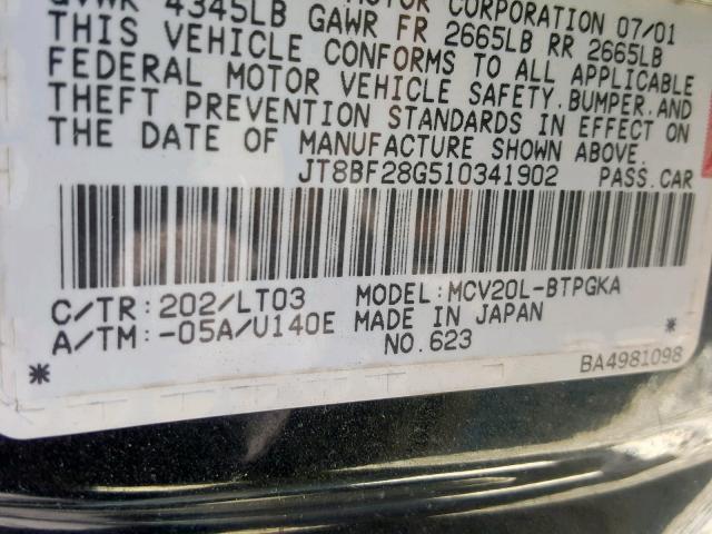 JT8BF28G510341902 - 2001 LEXUS ES 300 BLACK photo 10