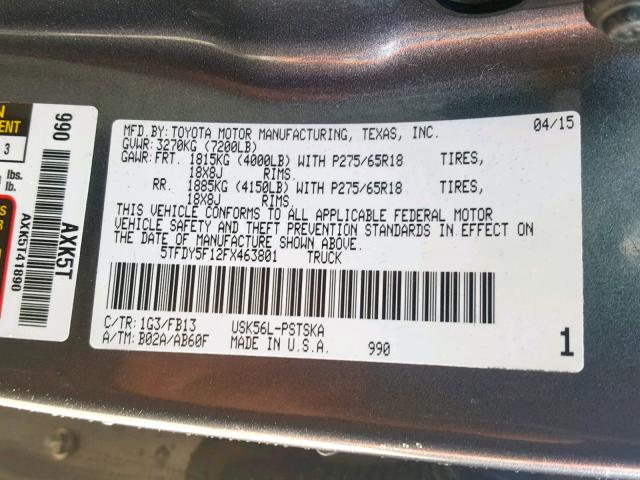 5TFDY5F12FX463801 - 2015 TOYOTA TUNDRA CRE GRAY photo 10