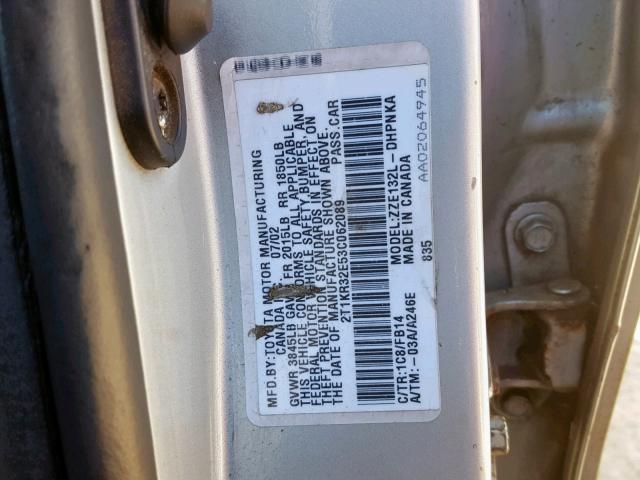 2T1KR32E53C062089 - 2003 TOYOTA MATRIX SILVER photo 10