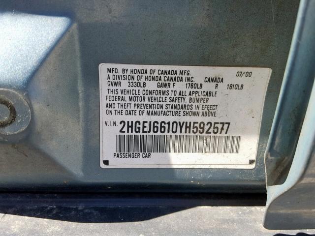 2HGEJ6610YH592577 - 2000 HONDA CIVIC BASE SILVER photo 10