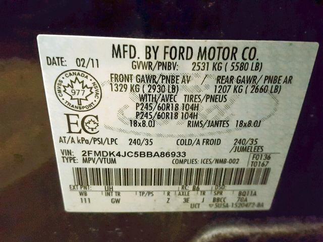 2FMDK4JC5BBA86933 - 2011 FORD EDGE SEL BLACK photo 10