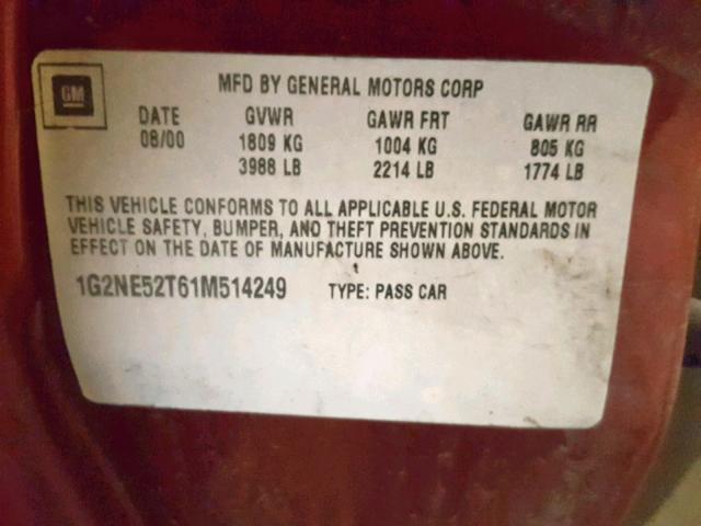 1G2NE52T61M514249 - 2001 PONTIAC GRAND AM S MAROON photo 10