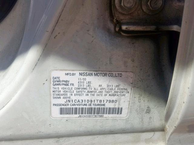 JN1CA31D11T817980 - 2001 NISSAN MAXIMA GXE WHITE photo 10