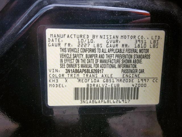 3N1AB6AP6BL626917 - 2011 NISSAN SENTRA 2.0 BLACK photo 10