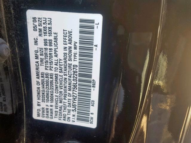 5J6YH27756L022670 - 2006 HONDA ELEMENT EX BLACK photo 10