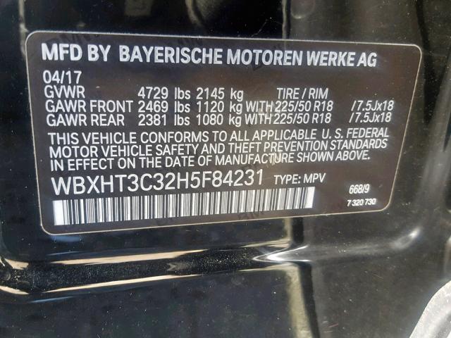 WBXHT3C32H5F84231 - 2017 BMW X1 XDRIVE2 BLACK photo 10