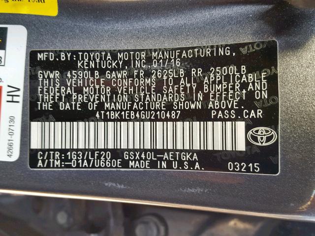 4T1BK1EB4GU210487 - 2016 TOYOTA AVALON XLE GRAY photo 10