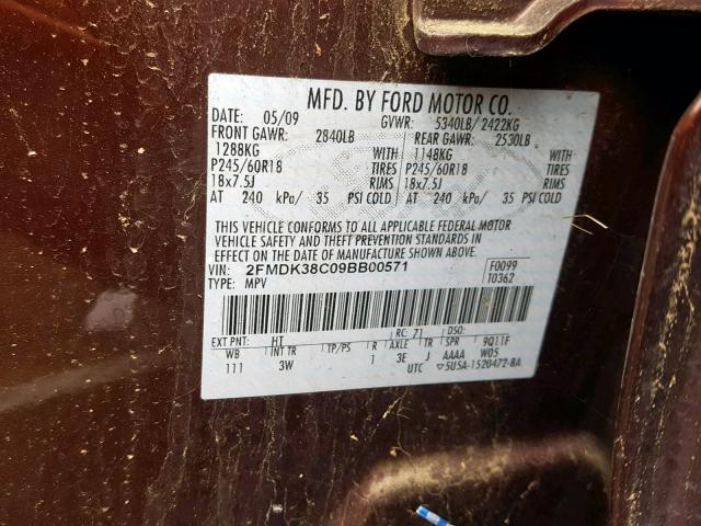 2FMDK38C09BB00571 - 2009 FORD EDGE SEL BURGUNDY photo 10