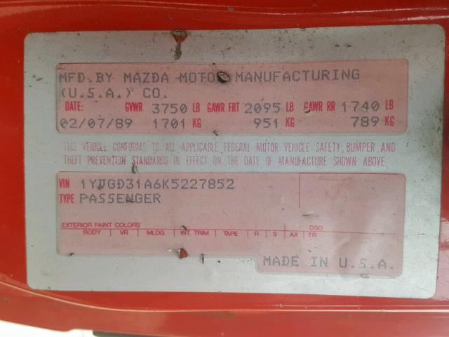 1YVGD31A6K5227852 - 1989 MAZDA MX-6 RED photo 10